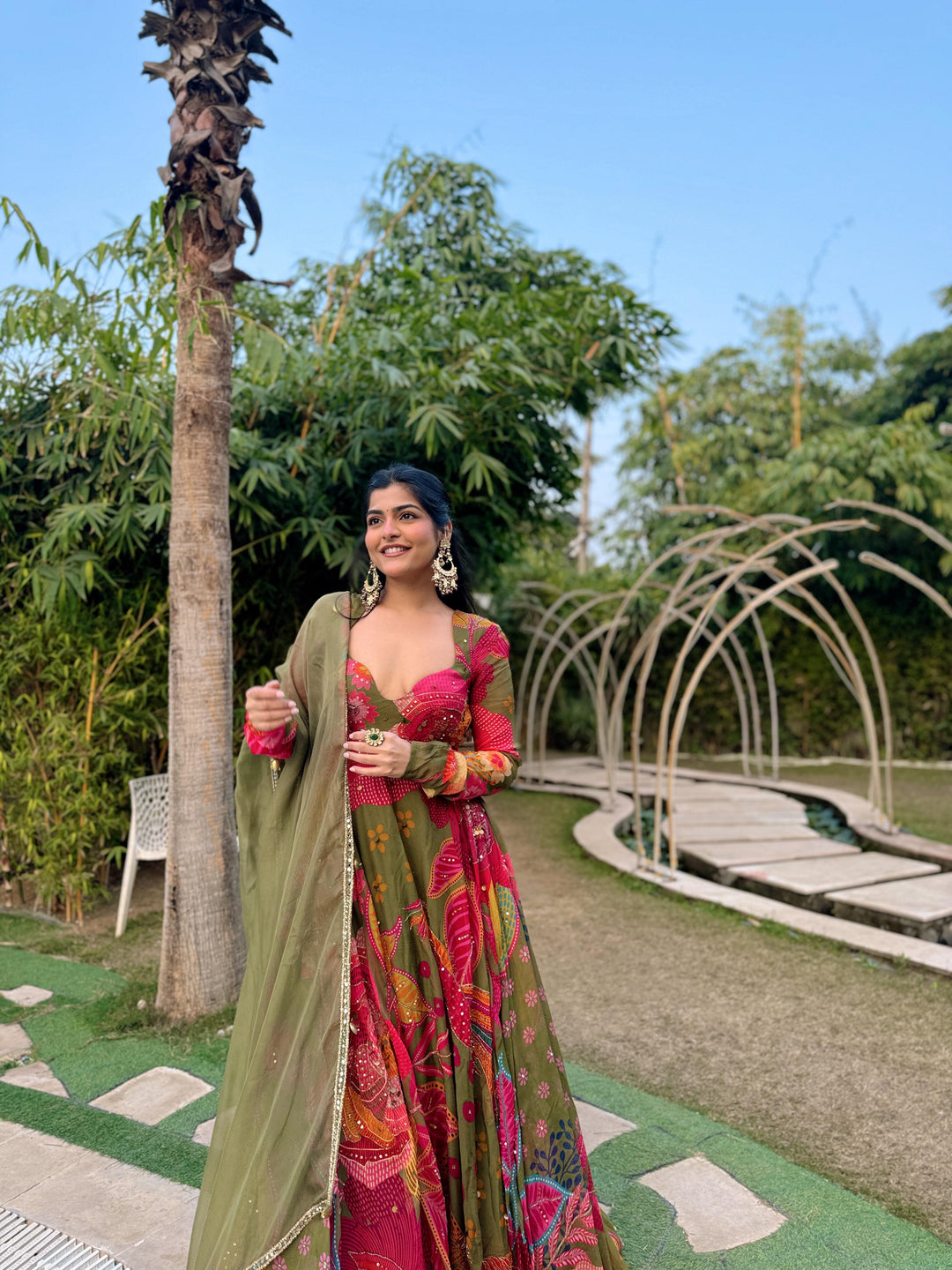 Boho Girl in Olive Anarkali Set