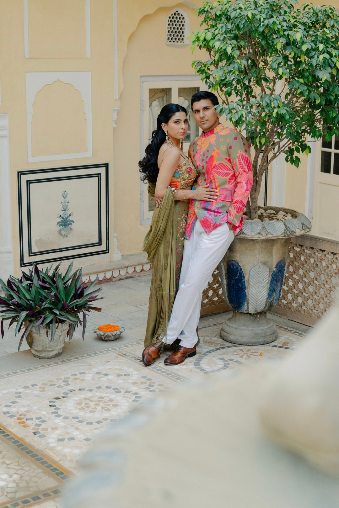 Ritika & Sahil in Custom Mehbooba Set & Olive mens Glam Jacket Set