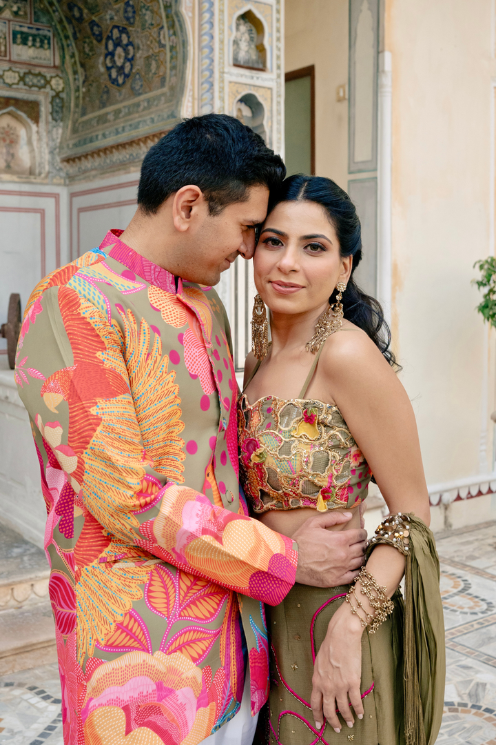 Ritika & Sahil in Custom Mehbooba Set & Olive mens Glam Jacket Set