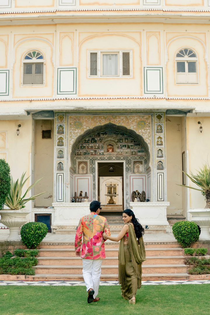 Ritika & Sahil in Custom Mehbooba Set & Olive mens Glam Jacket Set