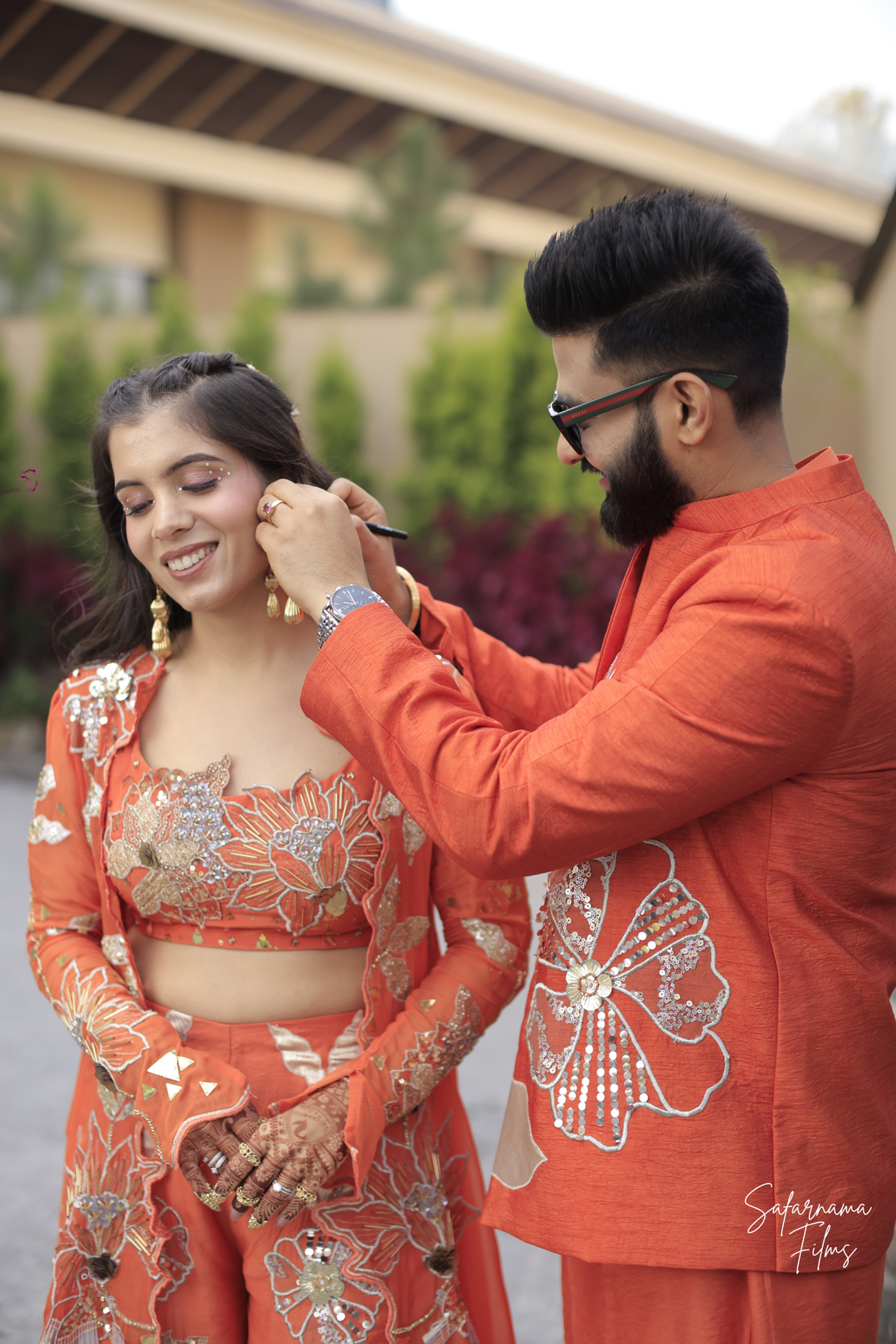 Tithi & Harshit in custom Narangi set and custom narangi men's set