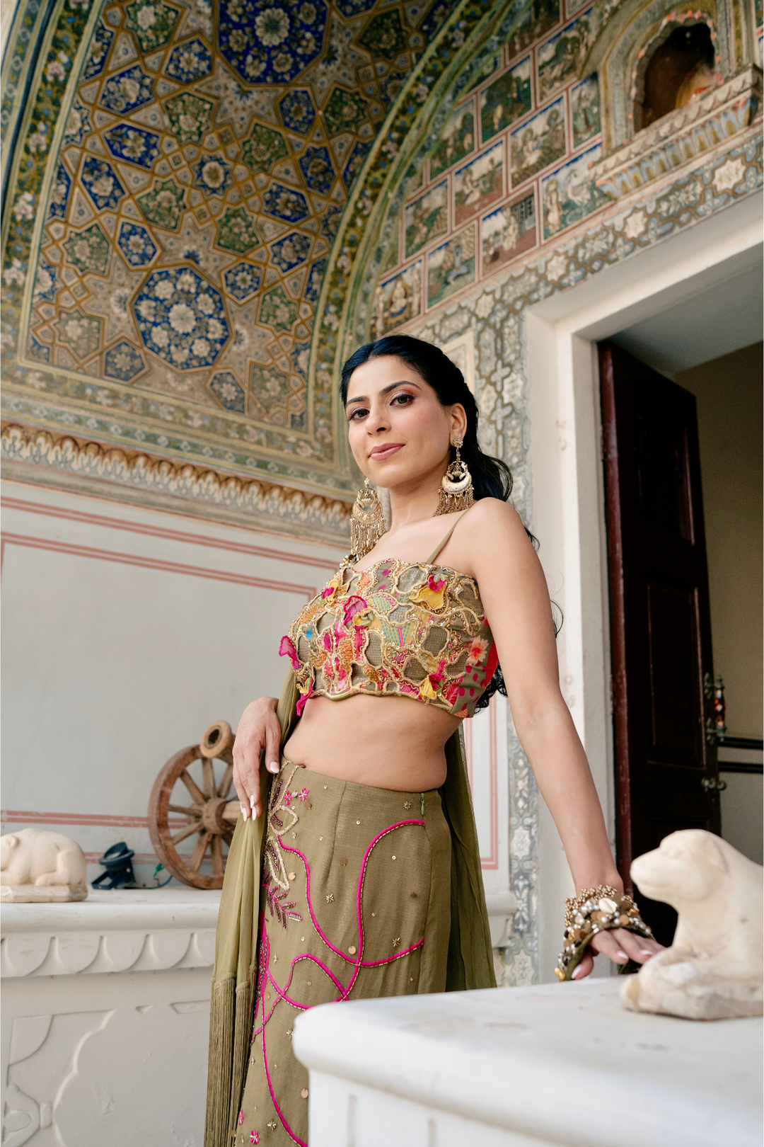 Ritika & Sahil in Custom Mehbooba Set & Olive mens Glam Jacket Set