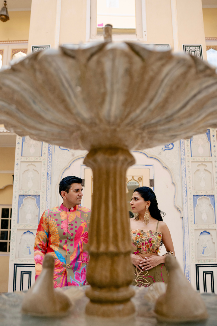 Ritika & Sahil in Custom Mehbooba Set & Olive mens Glam Jacket Set