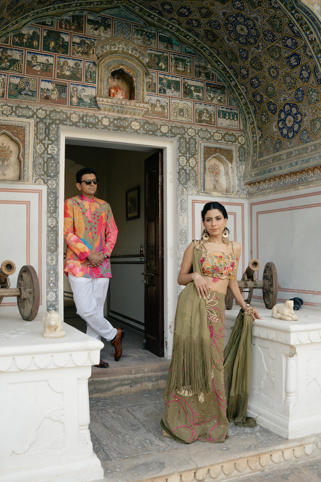 Ritika & Sahil in Custom Mehbooba Set & Olive mens Glam Jacket Set