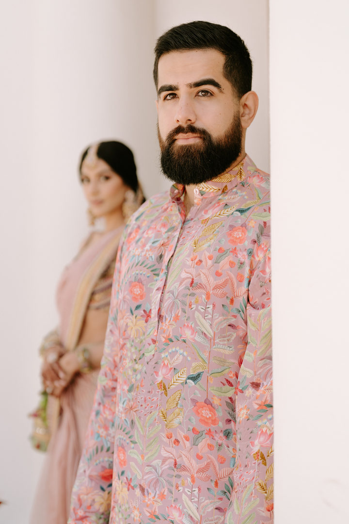 Saheba & Naman in Lilly Saree & Custom Dusty Pink Kurta