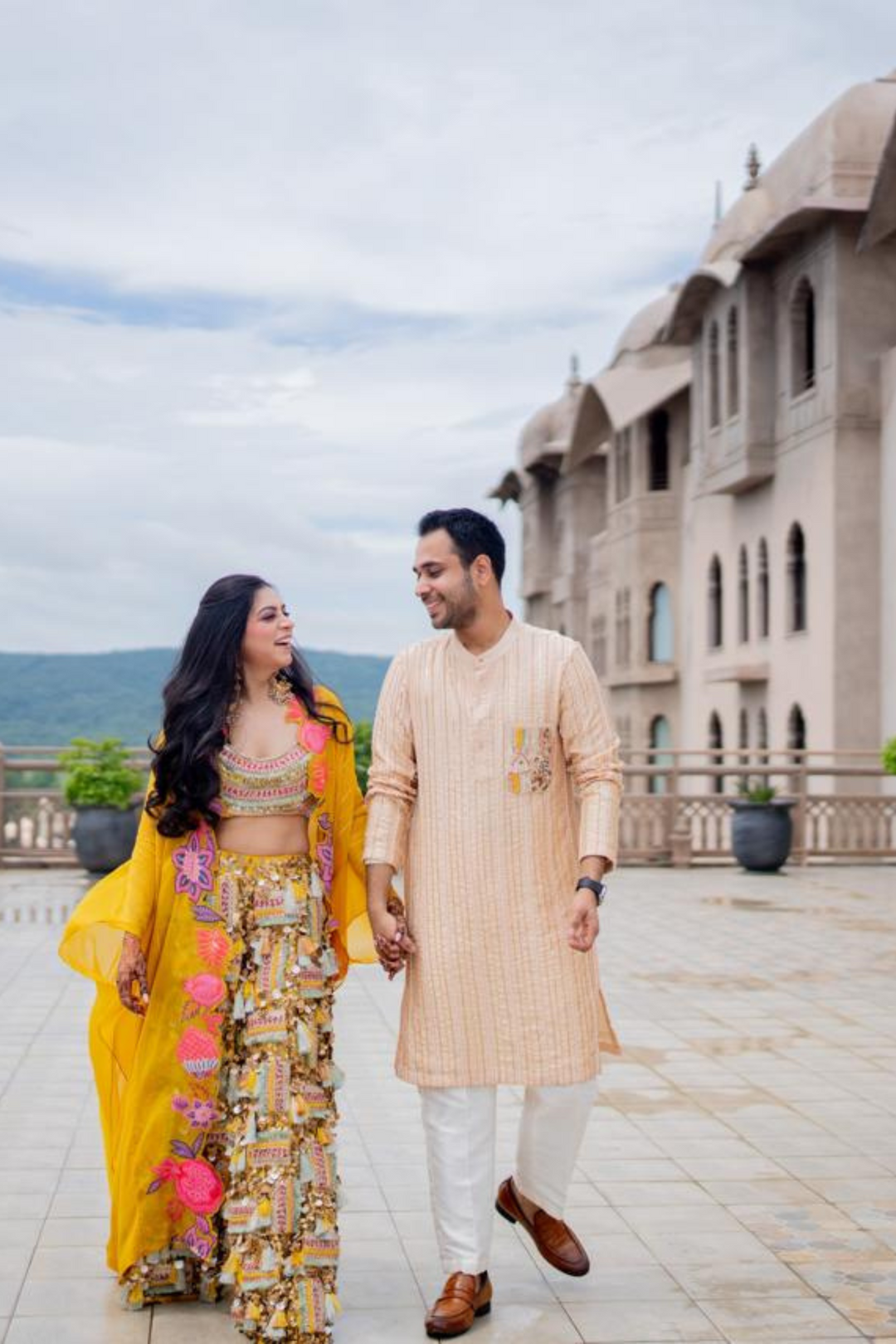 Minal & Nitin In Akira Sitara Yellow set and Peach Plum Mens set