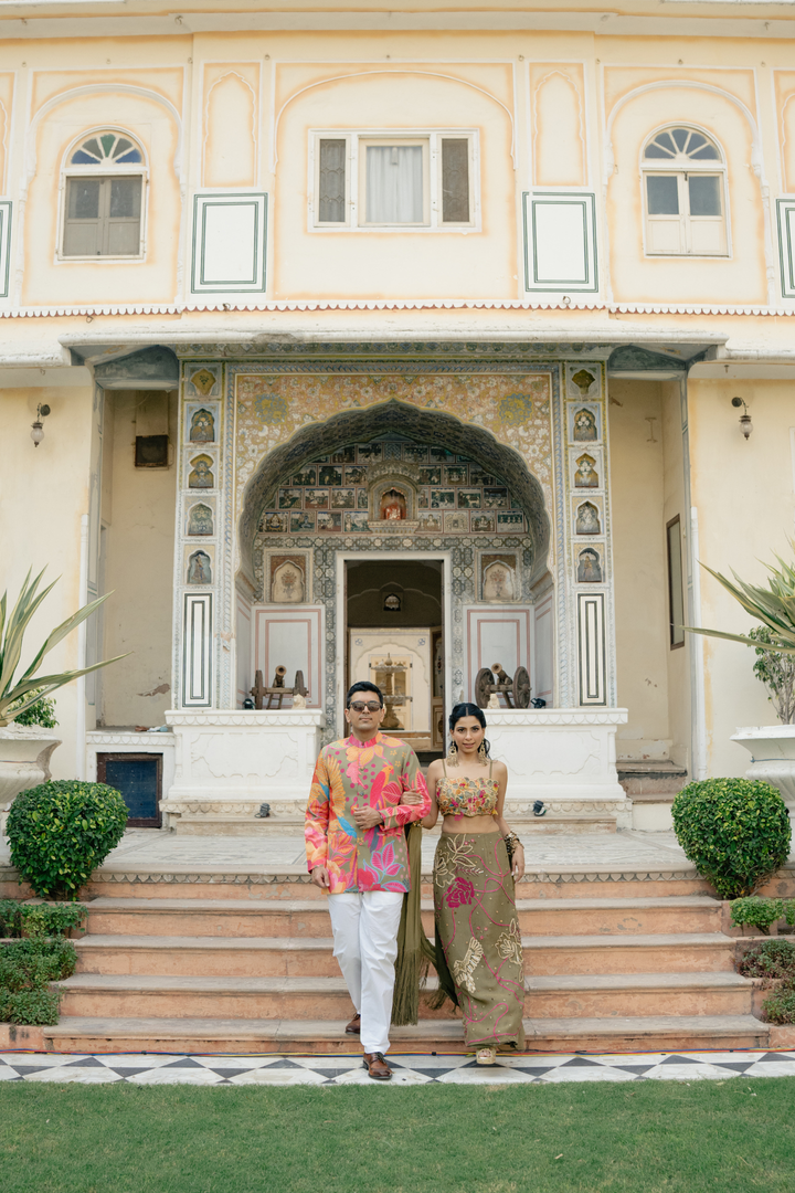 Ritika & Sahil in Custom Mehbooba Set & Olive mens Glam Jacket Set