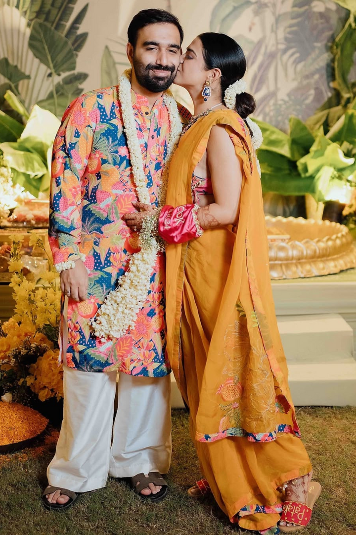 Nishtha & Karan in Dusk Saree & Ocean Kurta Set