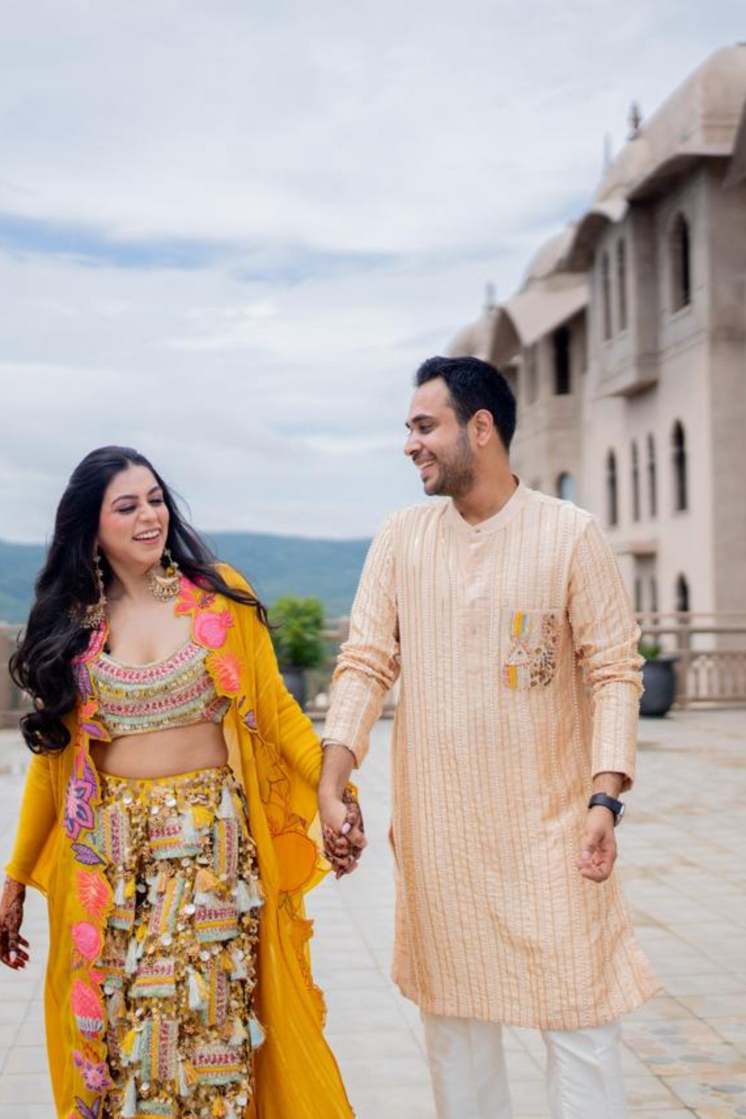 Minal & Nitin In Akira Sitara Yellow set and Peach Plum Mens set
