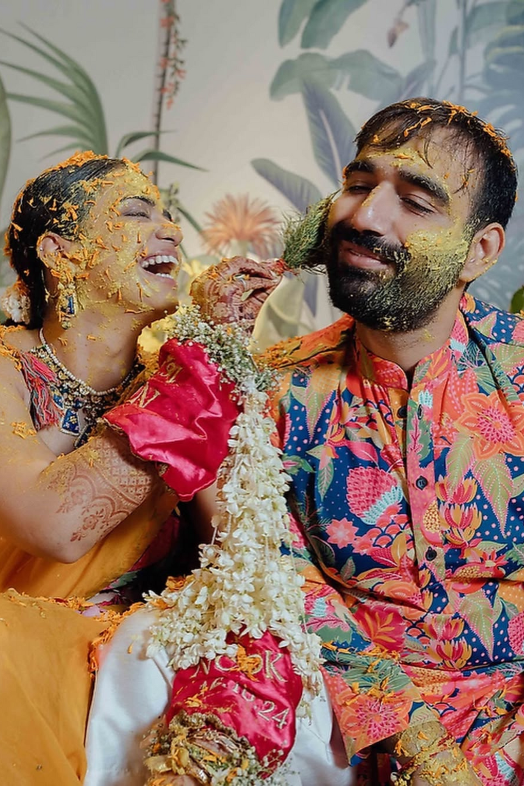 Nishtha & Karan in Dusk Saree & Ocean Kurta Set