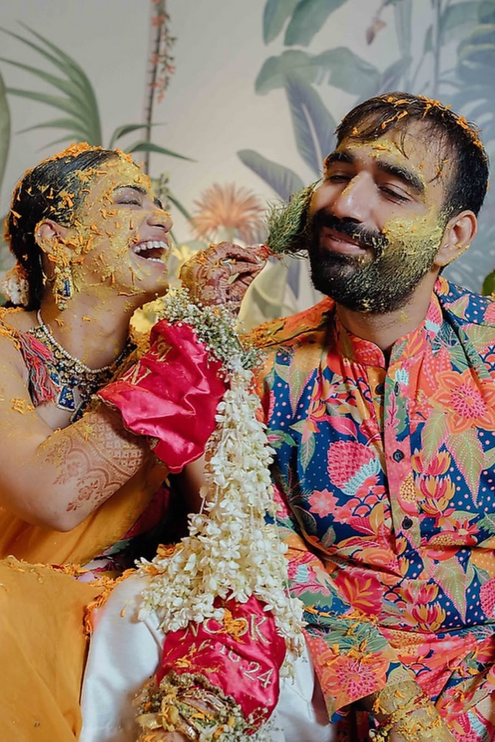 Nishtha & Karan in Dusk Saree & Ocean Kurta Set