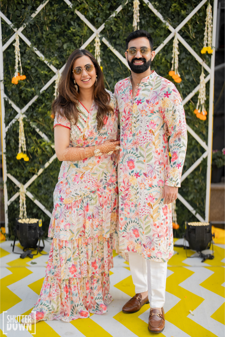 Aishwarya & Angad in Moonlight Skirt Saree and Moonlight Mens Kurta