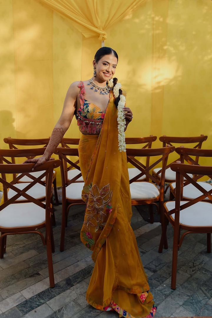 Nishtha & Karan in Dusk Saree & Ocean Kurta Set