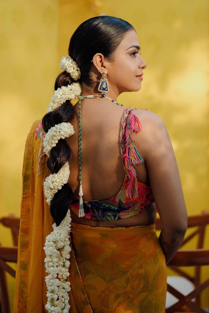 Nishtha & Karan in Dusk Saree & Ocean Kurta Set
