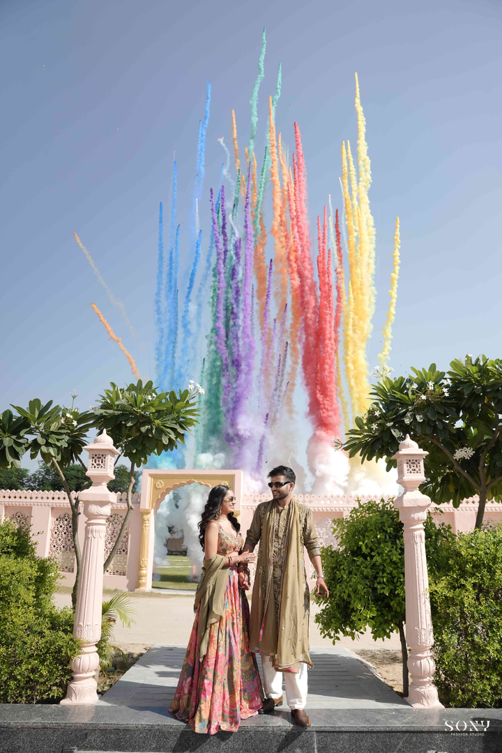 Pavani & Rishabh in Dhoom tana Lehenga & Olive mens Glam Kurta