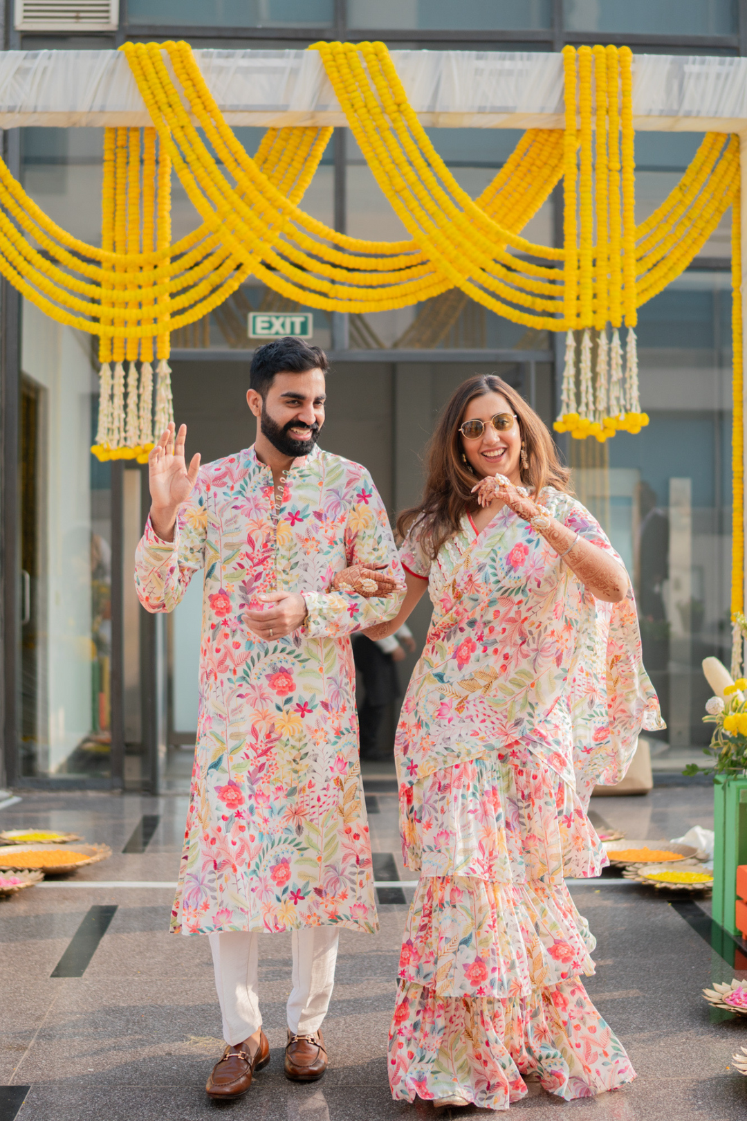 Aishwarya & Angad in Moonlight Skirt Saree and Moonlight Mens Kurta