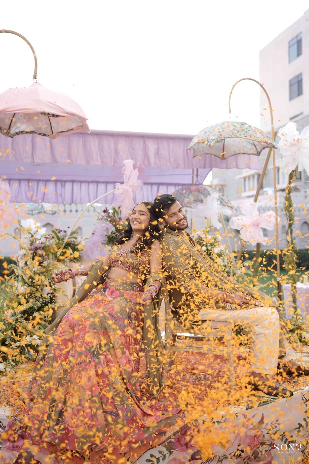 Pavani & Rishabh in Dhoom tana Lehenga & Olive mens Glam Kurta