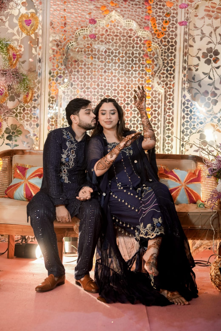 Asna & Vedant in custom imperial set and Indie imprium kurta set