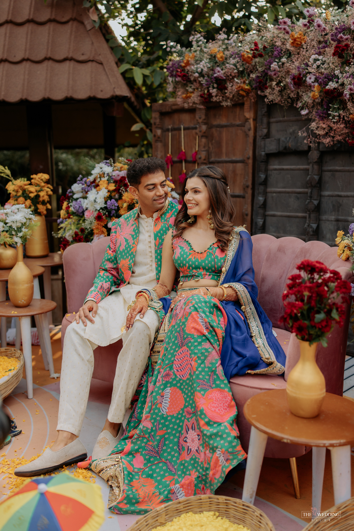 Ayushi & Anish in Boho Lehanga & Jade Emrald Set