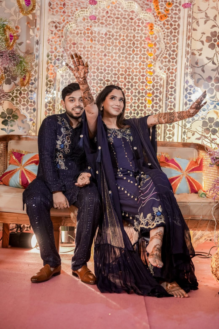 Asna & Vedant in custom imperial set and Indie imprium kurta set