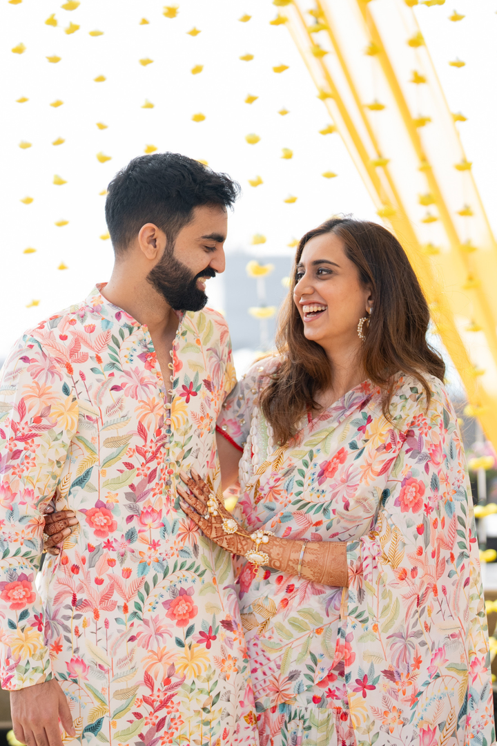 Aishwarya & Angad in Moonlight Skirt Saree and Moonlight Mens Kurta