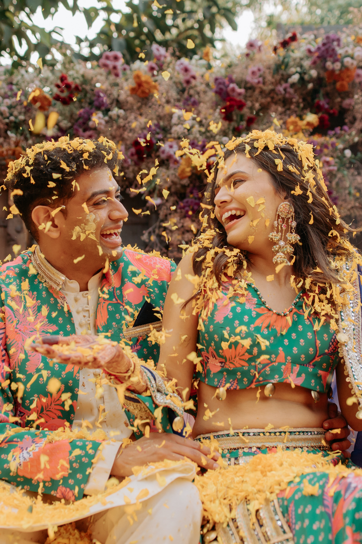 Ayushi & Anish in Boho Lehanga & Jade Emrald Set