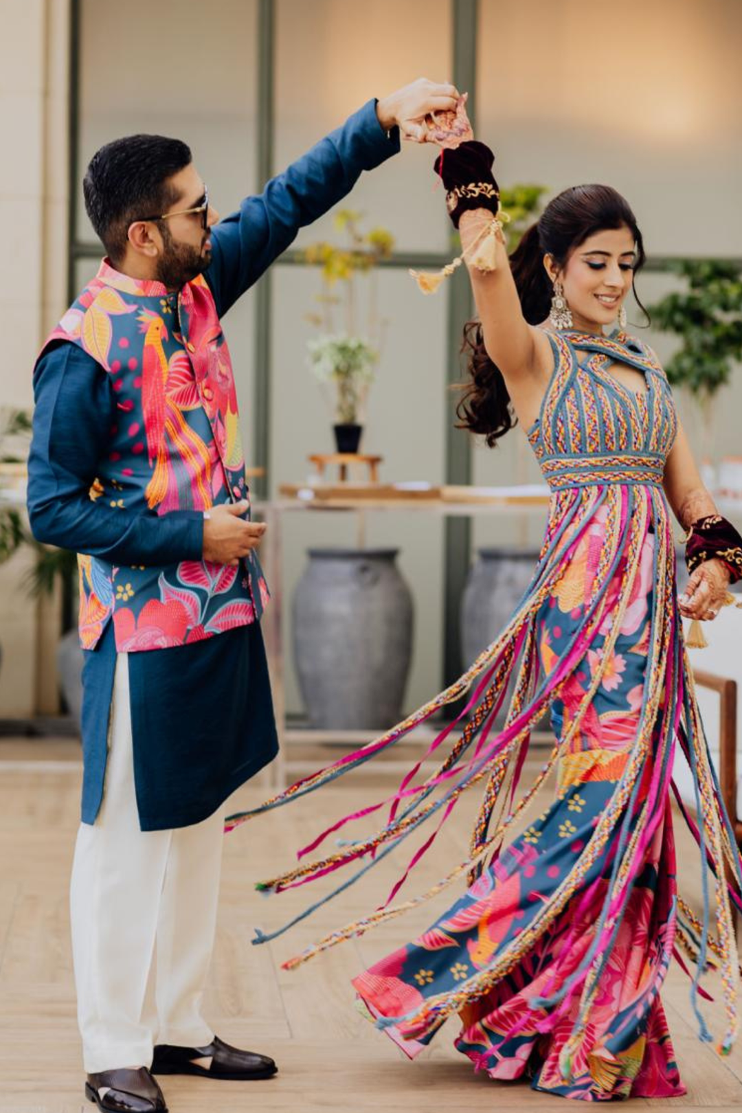 Manya & Anmol in Teal Cascade & Teal Kurta Set