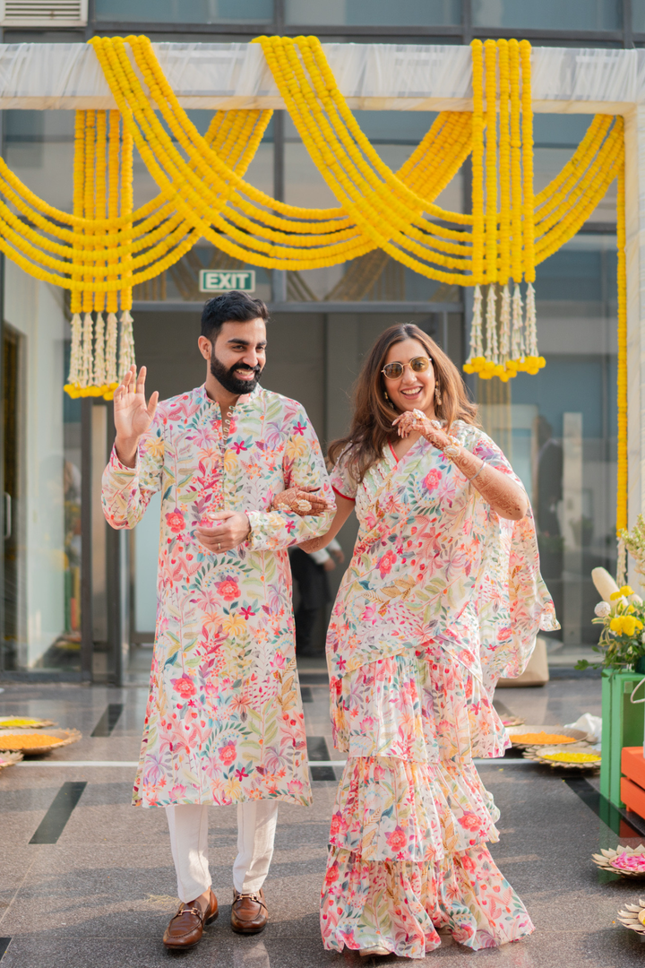 Aishwarya & Angad in Moonlight Skirt Saree and Moonlight Mens Kurta