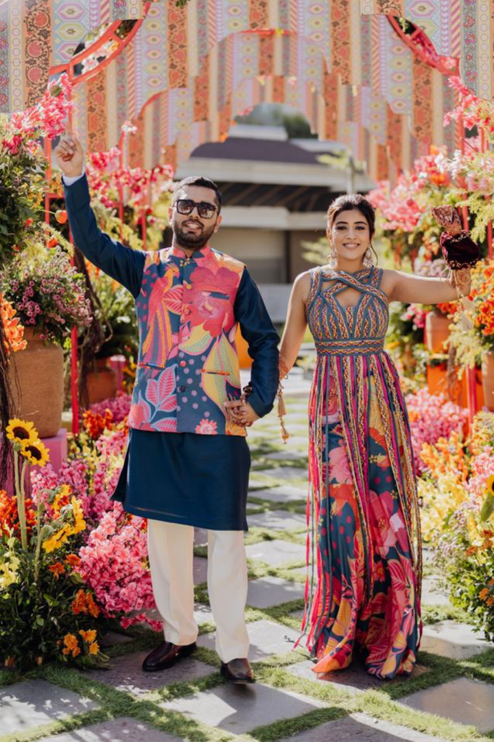 Manya & Anmol in Teal Cascade & Teal Kurta Set