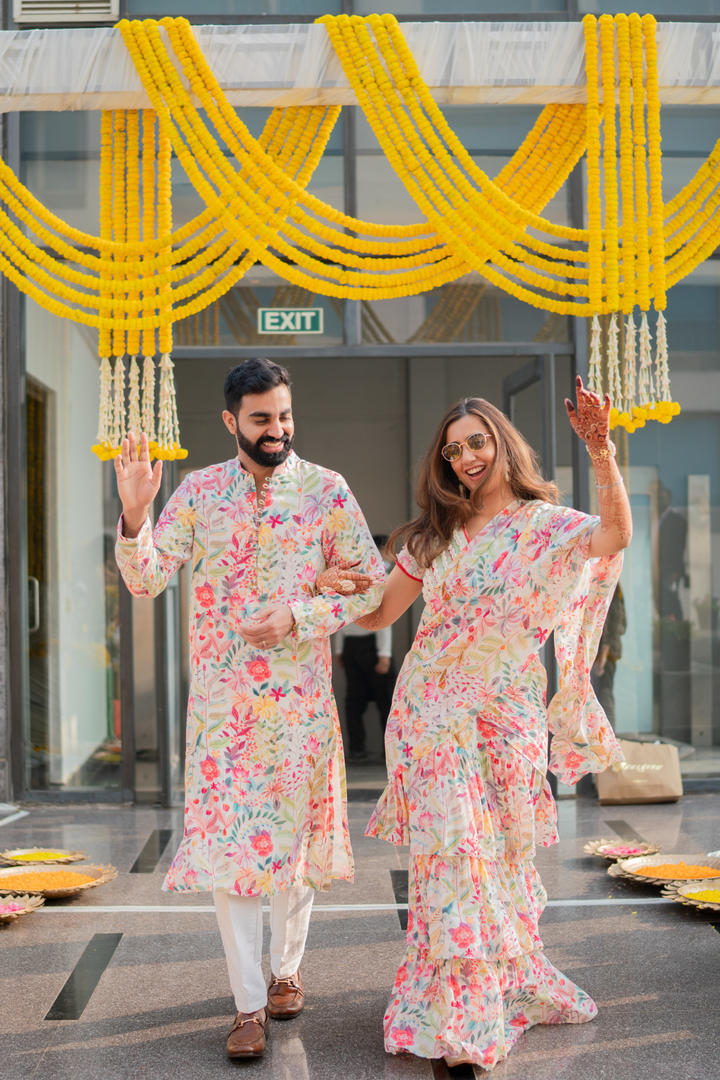Aishwarya & Angad in Moonlight Skirt Saree and Moonlight Mens Kurta