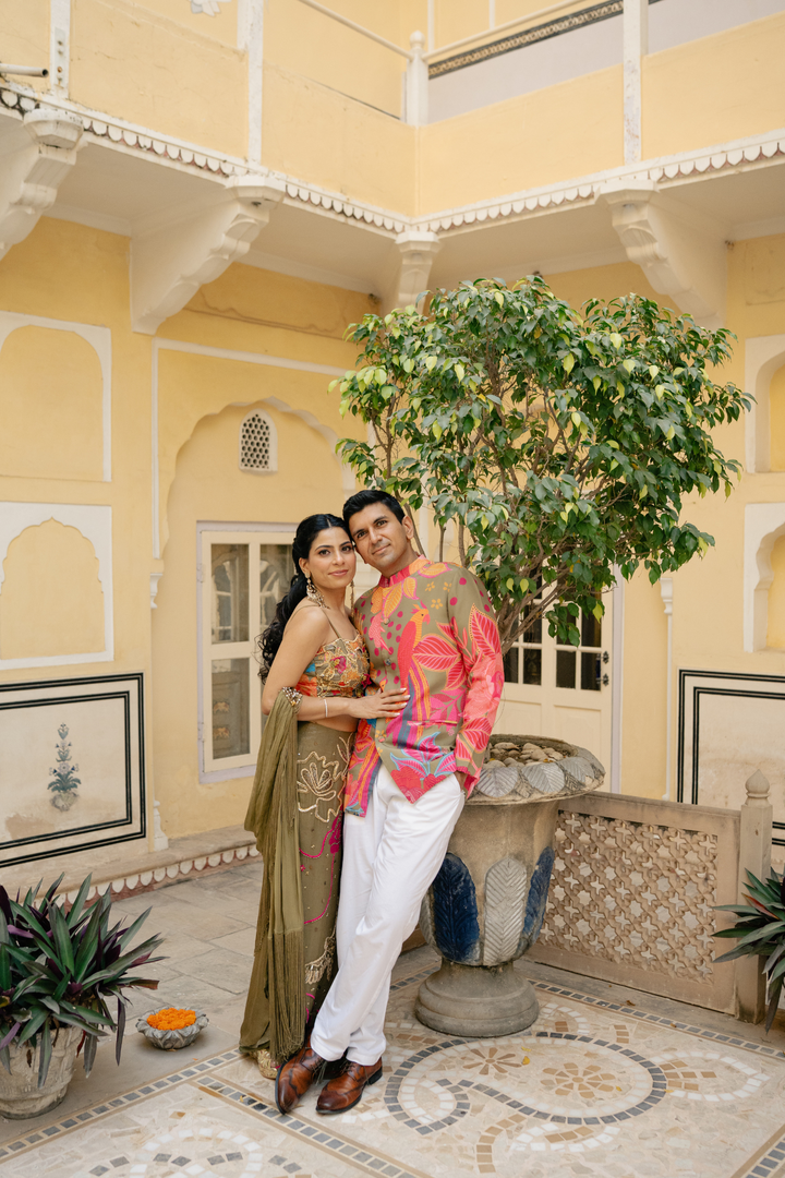 Ritika & Sahil in Custom Mehbooba Set & Olive mens Glam Jacket Set