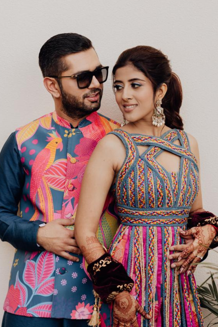 Manya & Anmol in Teal Cascade & Teal Kurta Set