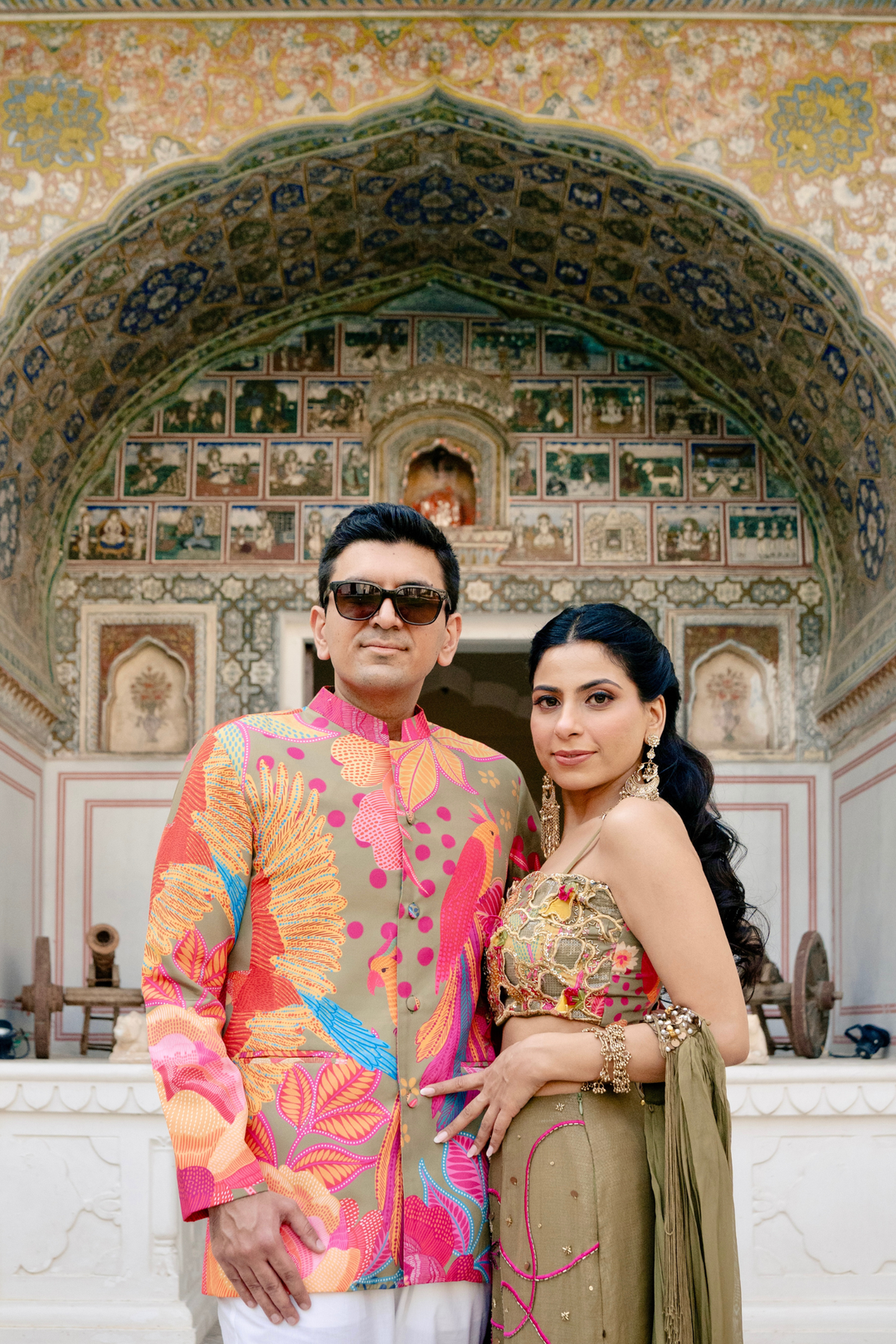 Ritika & Sahil in Custom Mehbooba Set & Olive mens Glam Jacket Set