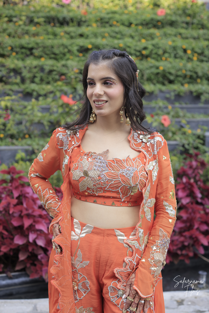 Tithi & Harshit in custom Narangi set and custom narangi men's set