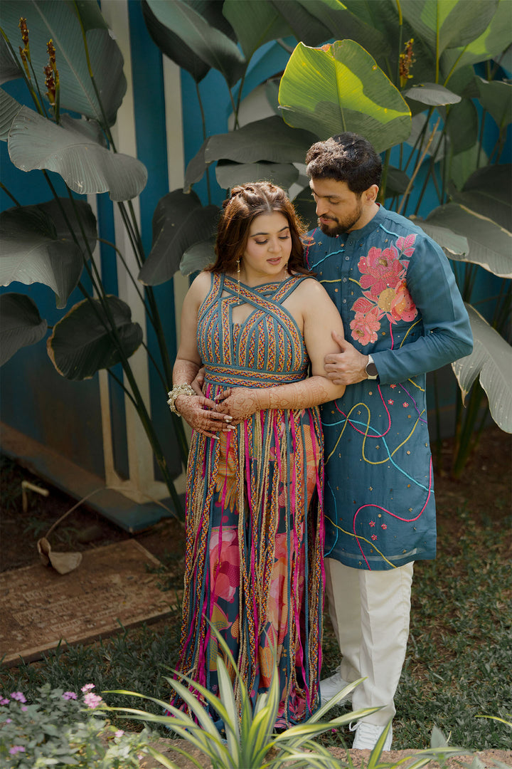 Dhun and Vineet in teal cascade & Teal chulbul kurta