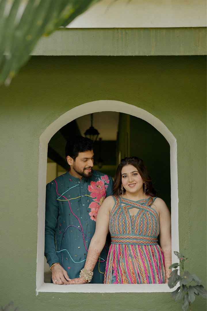 Dhun and Vineet in teal cascade & Teal chulbul kurta