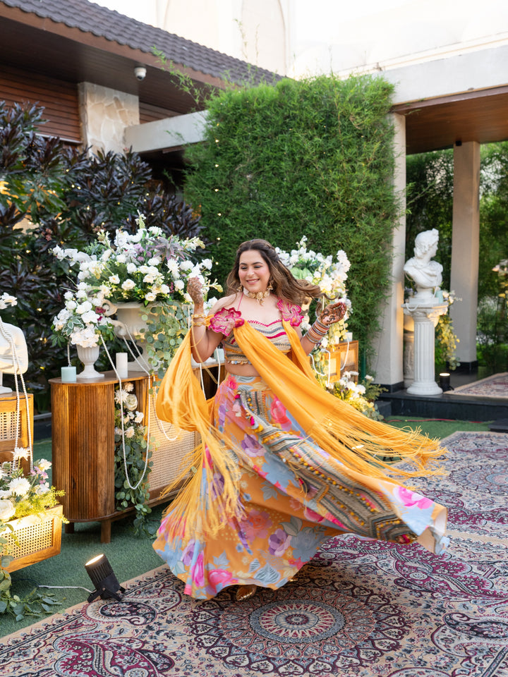 Surbhi In Custom first Look Marigold skirt