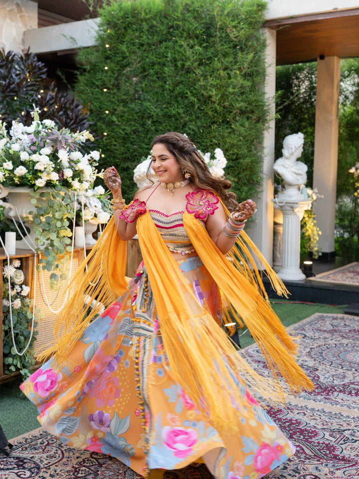 Surbhi In Custom first Look Marigold skirt