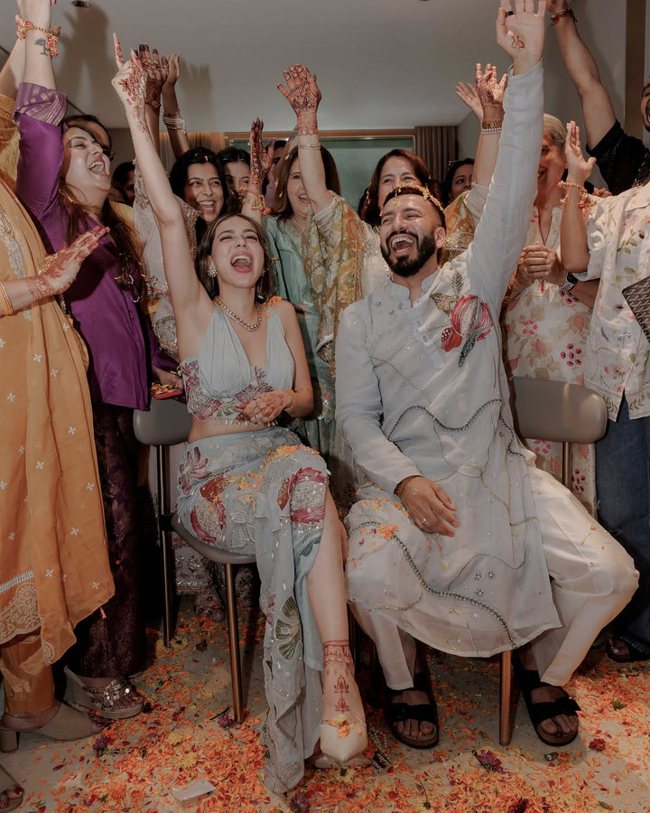 Palak & Rohan in Icy Blue Mehbooba & Neel Virasat Kurta