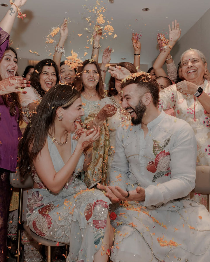 Palak & Rohan in Icy Blue Mehbooba & Neel Virasat Kurta