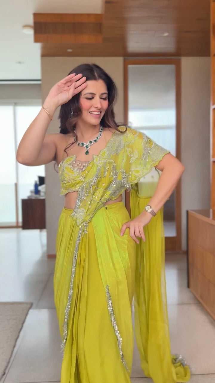 Natasha Luthra in Lime mirage saree