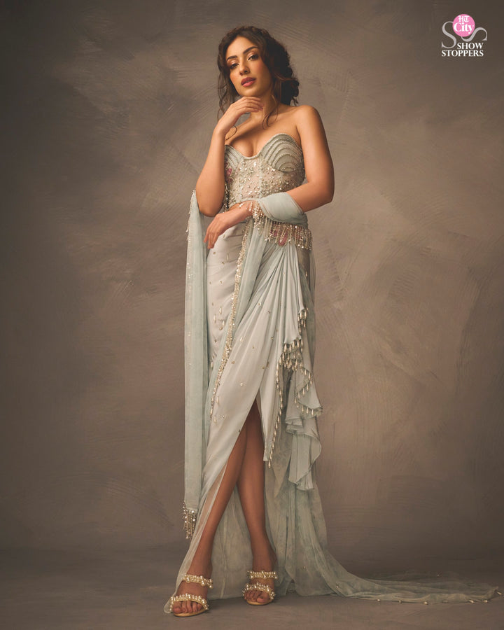 Sahher in Ice Blue Crush Saree