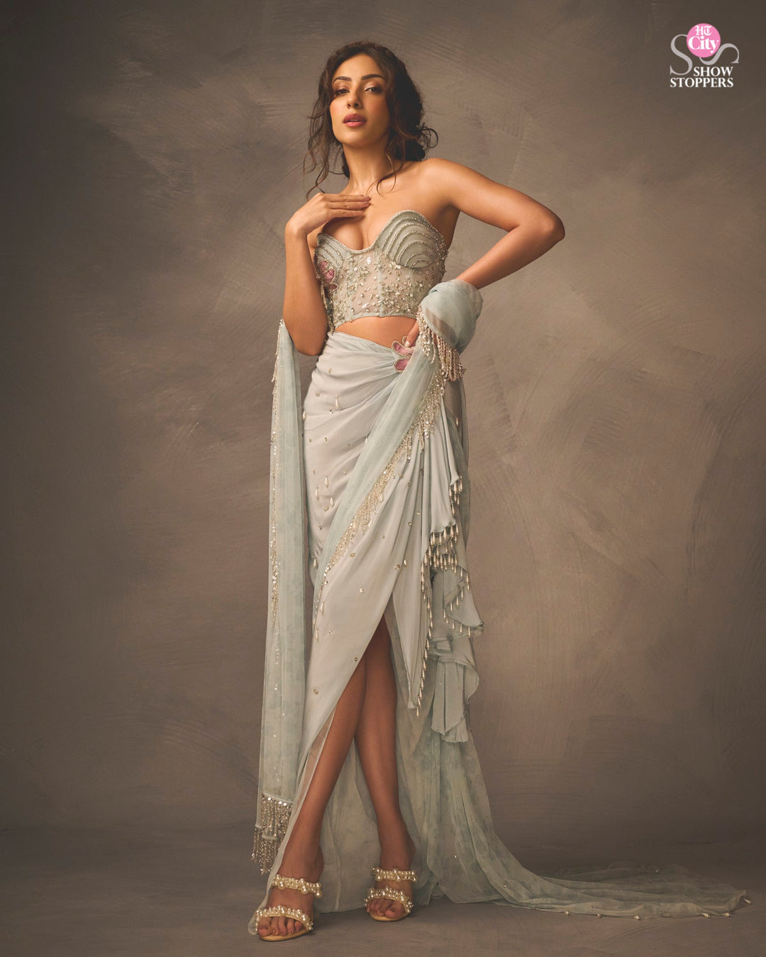Sahher in Ice Blue Crush Saree