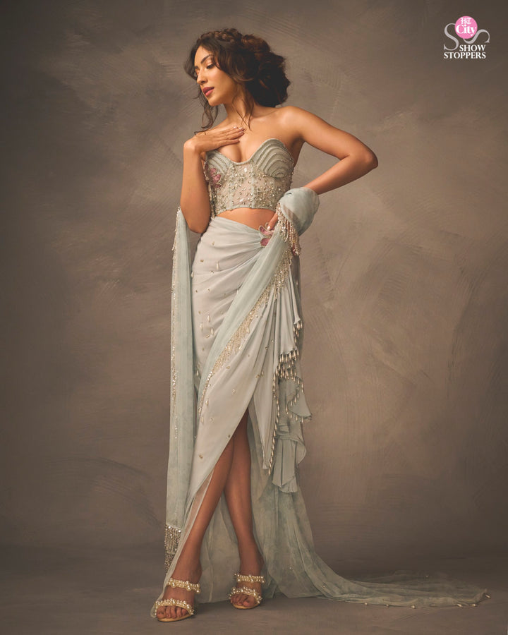 Sahher in Ice Blue Crush Saree