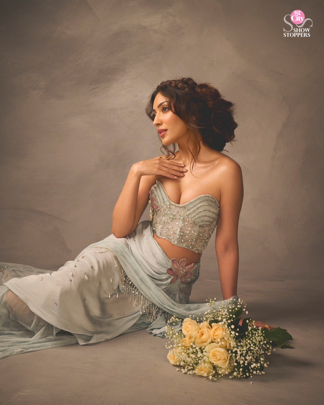 Sahher in Ice Blue Crush Saree
