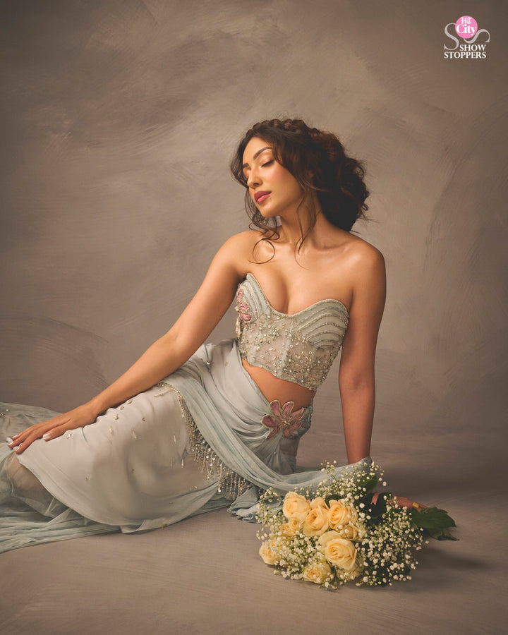 Sahher in Ice Blue Crush Saree