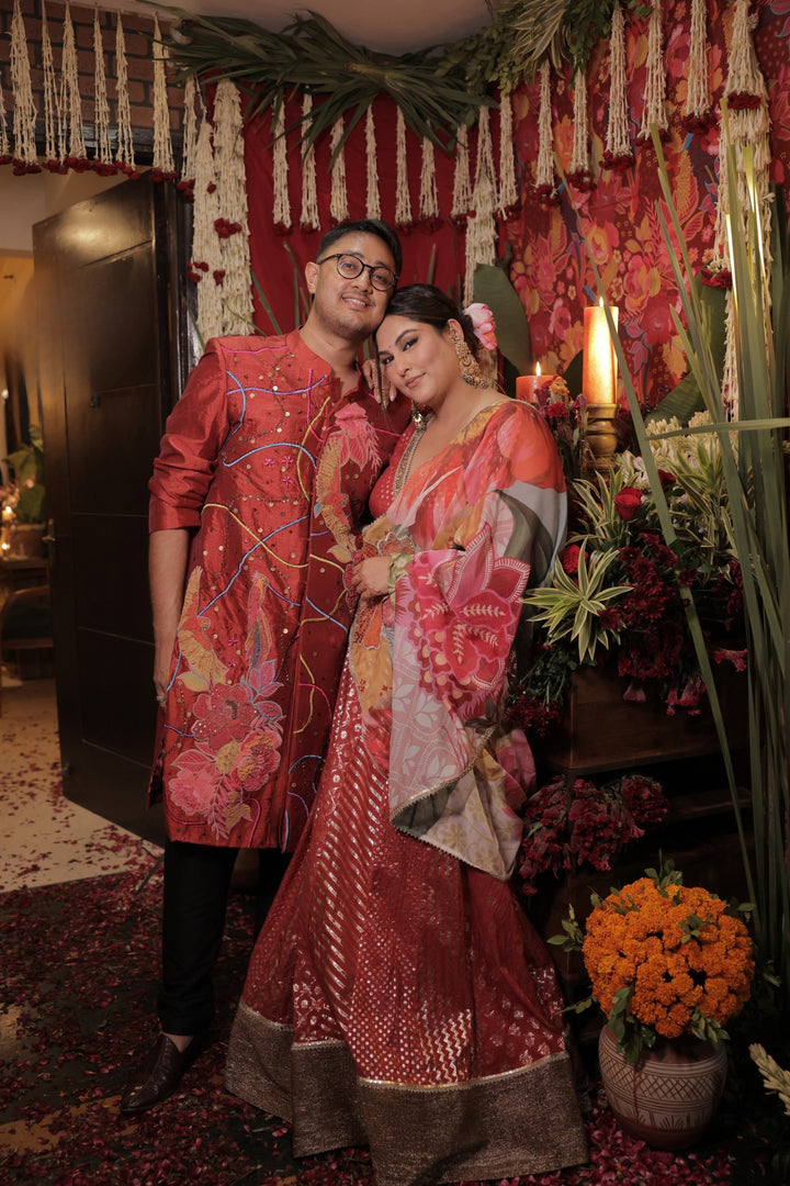 Sakshi and Raghav in Coral Chanderi Lehanga and Sitara Set