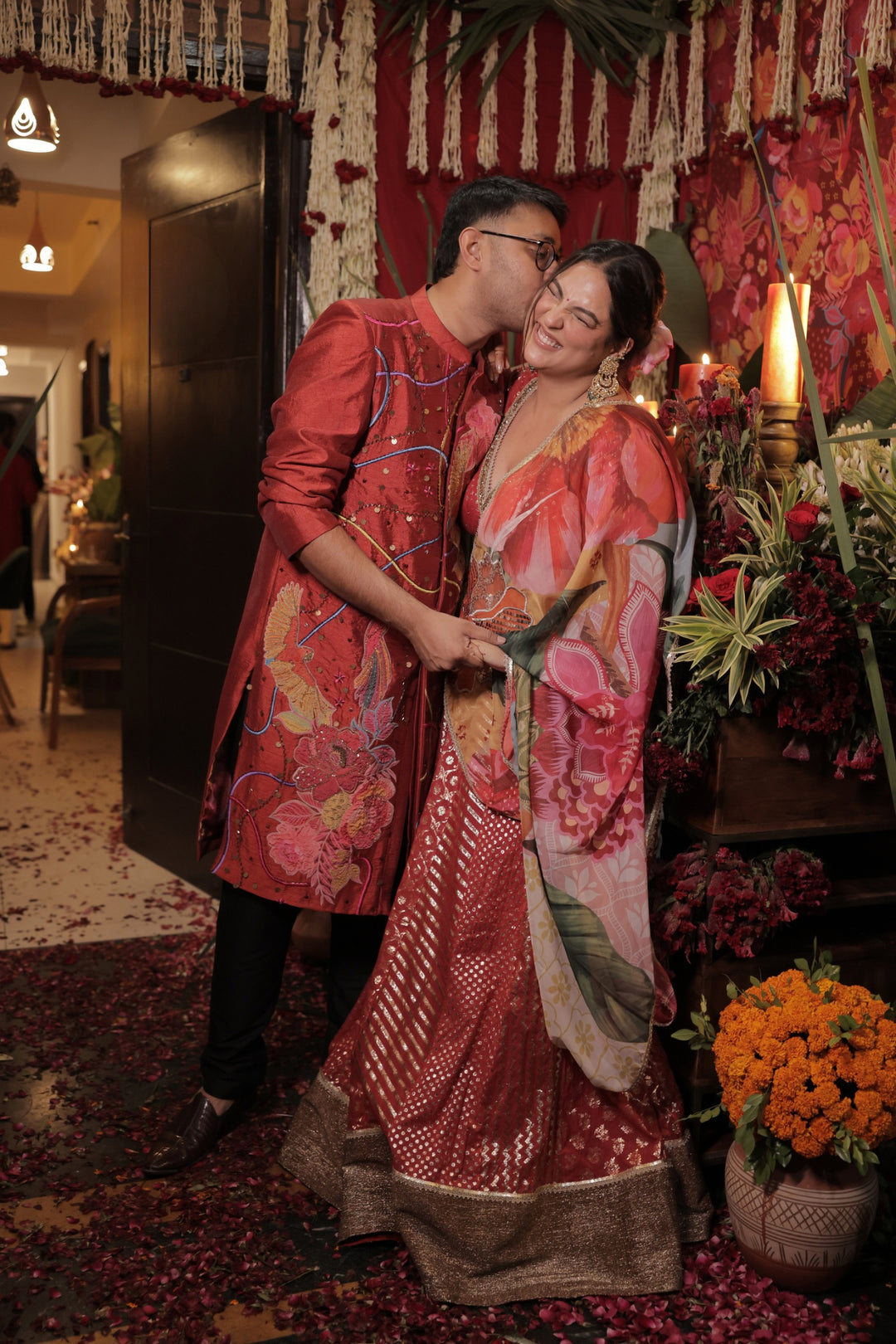 Sakshi and Raghav in Coral Chanderi Lehanga and Sitara Set