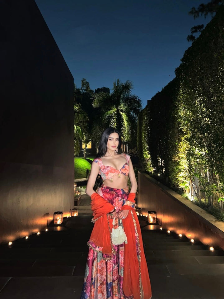 Simran Harjai in Cherry Boho Lehenga