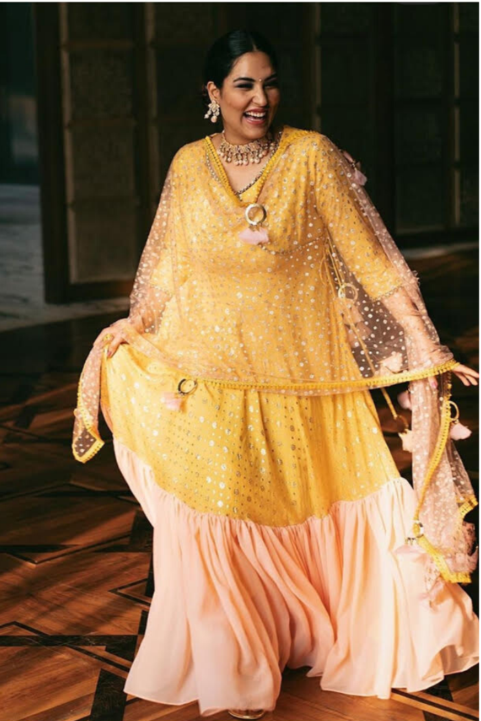 Sakshi in Yellow Chanderi Anarkali